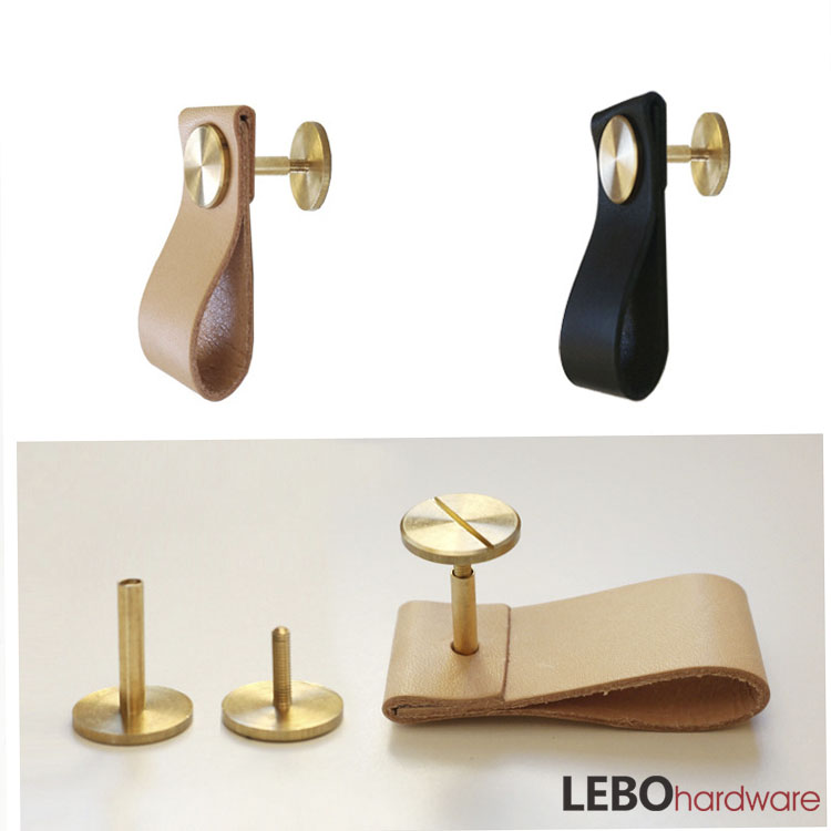 Luxury  Brass Button Genuine leather    Furniture knob  Cabinet Pull